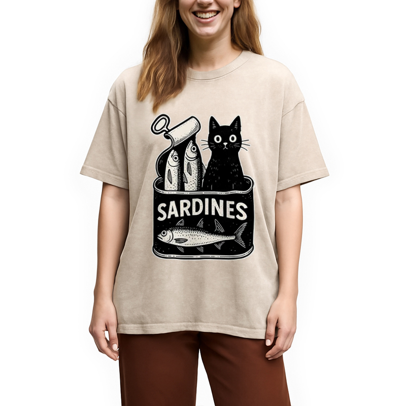 Modecanvas Cat And Canned Fish Washed T-Shirt