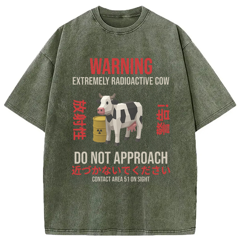 Modecanvas Radioactive Cow Warning Washed T-Shirt