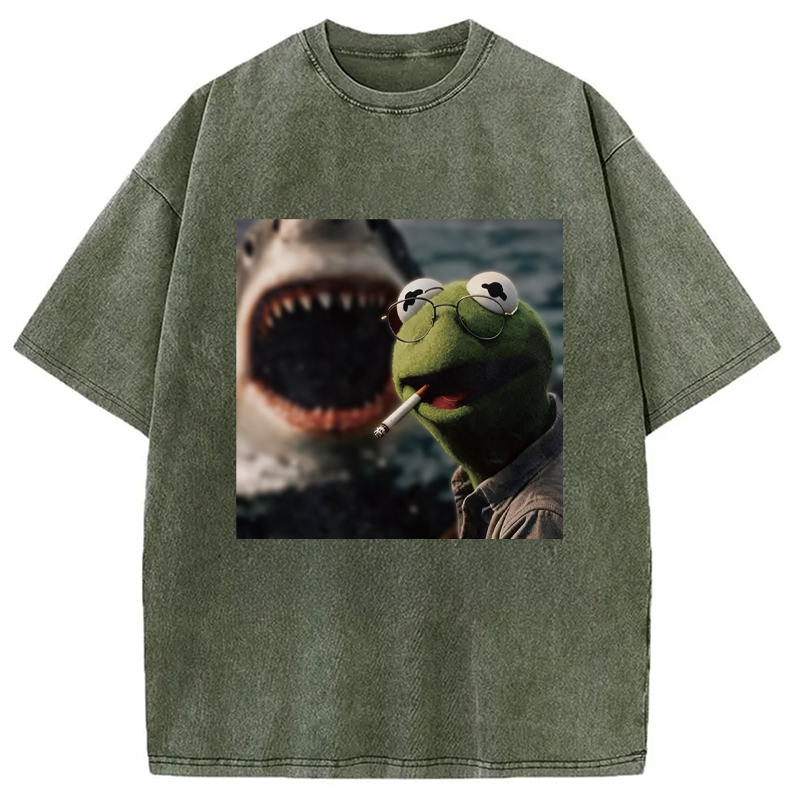 Modecanvas Smoking Frog Meme DTG Printing Washed T-Shirt-modecanvas