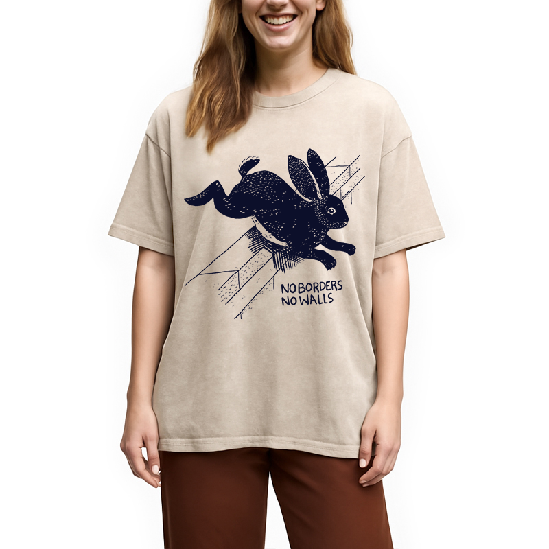 Modecanvas No Borders No Walls Bunny DTG Printing Washed T-Shirt