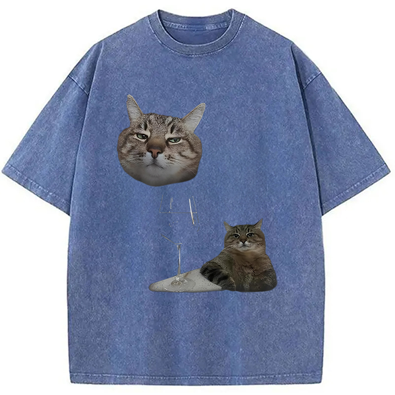 Modecanvas Funny Cat And Wine Art Cats Drinking Washed T-Shirt