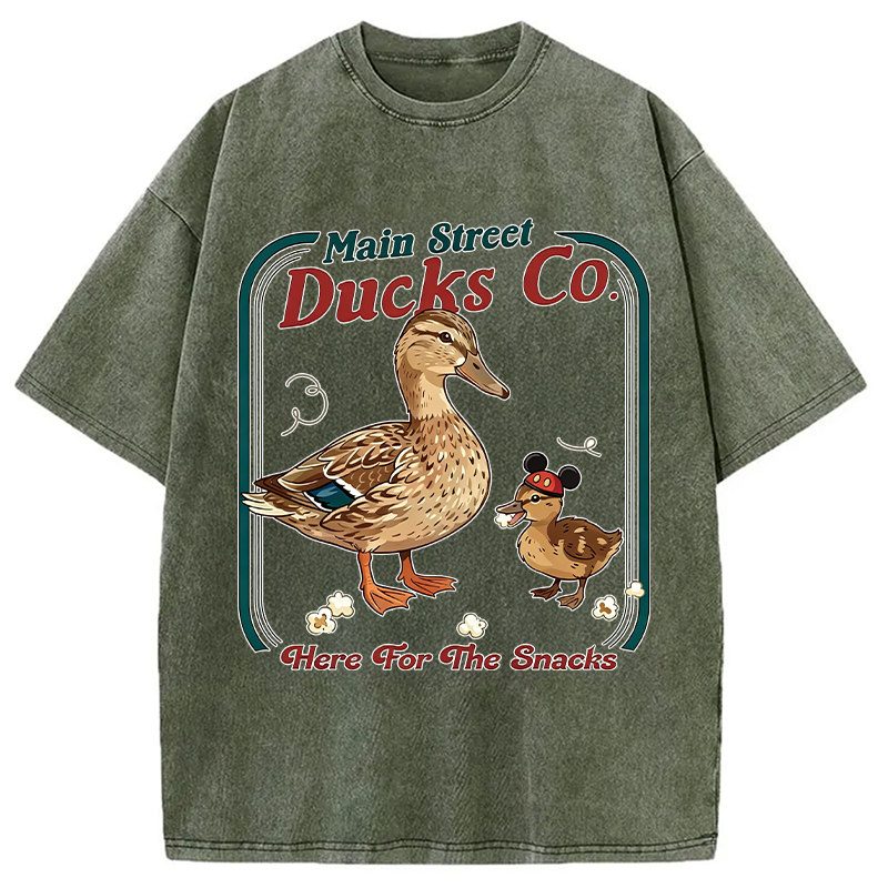 Modecanvas Funny Main Street Ducks Co Here For The Snacks DTG Printing Washed T-Shirt