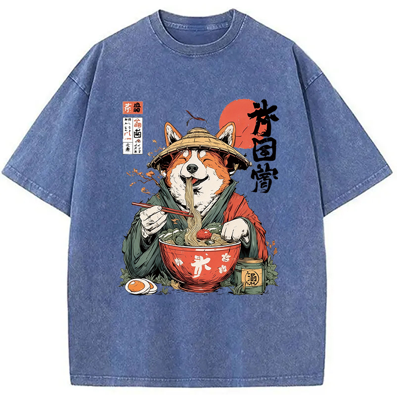 Modecanvas Corgi Eating Ramen DTG Printing Washed T-Shirt-modecanvas