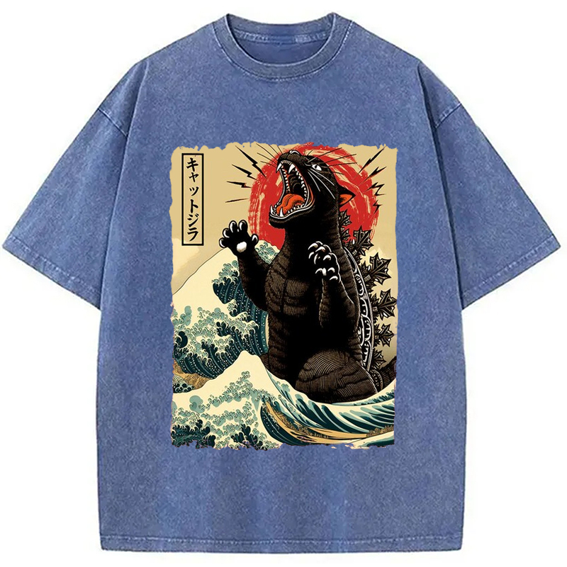 Modecanvas Catzilla Cat Wave Japanese Washed T-Shirt-modecanvas