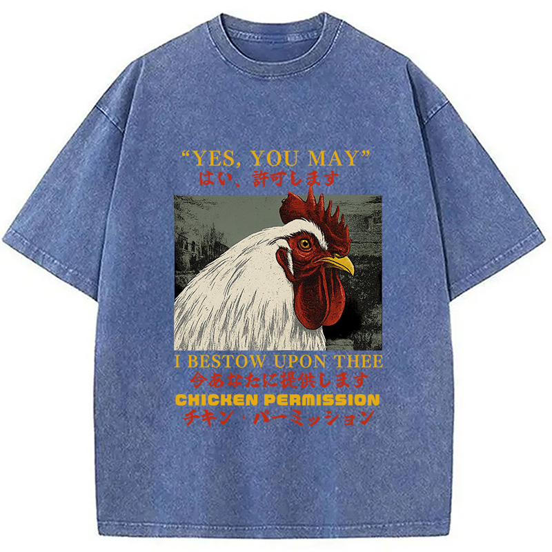 Modecanvas Chicken Permission Vintage DTG Printing Washed T-Shirt-modecanvas