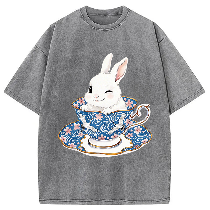 Modecanvas Cute Rabbit Tea Set DTG Printing Washed T-Shirt