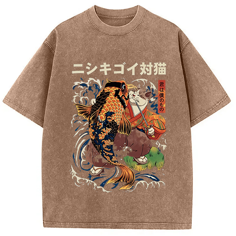 Modecanvas The Cat And The Koi DTG Printing Washed T-Shirt