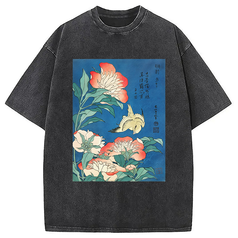 Modecanvas Hokusai Flowers Peonies Bird Washed T-Shirt