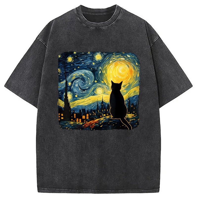 Modecanvas Cat Starry Night Washed T-Shirt