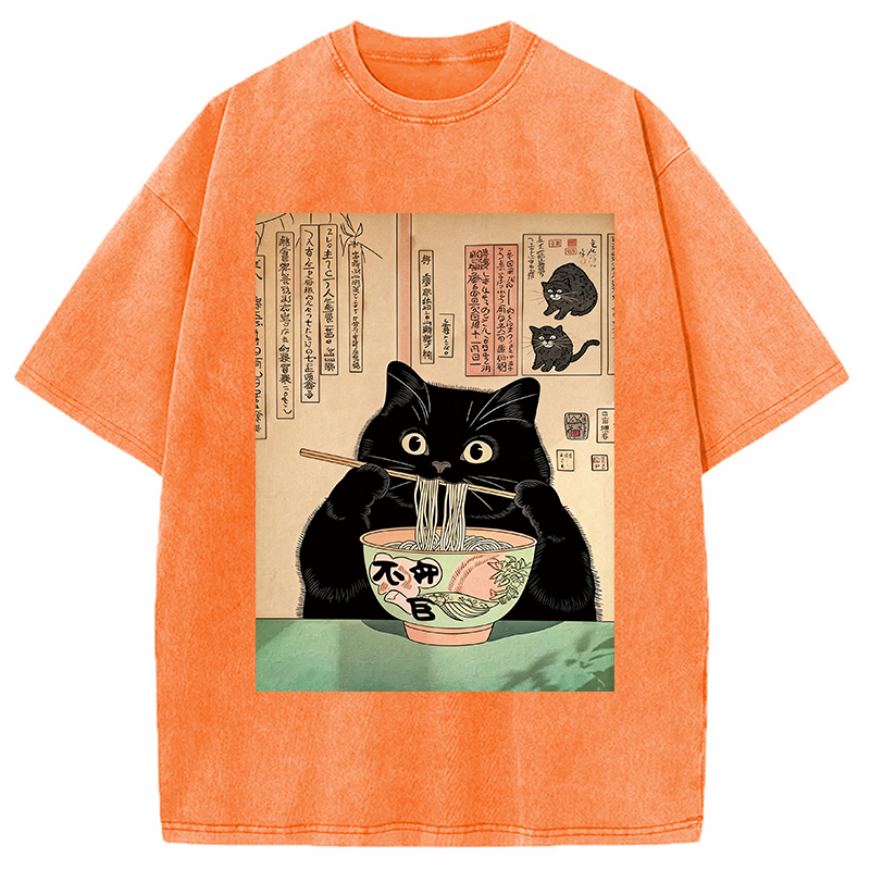 Modecanvas Black Cat Eating Noodles Washed T-Shirt