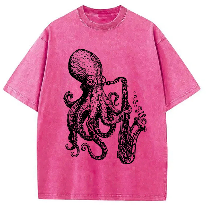 Modecanvas Octopus Playing Saxophone Washed T-Shirt