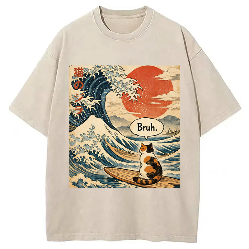 Modecanvas Bruh. The Great Wave Japanese Surfing Cat DTG Printing Washed T-Shirt