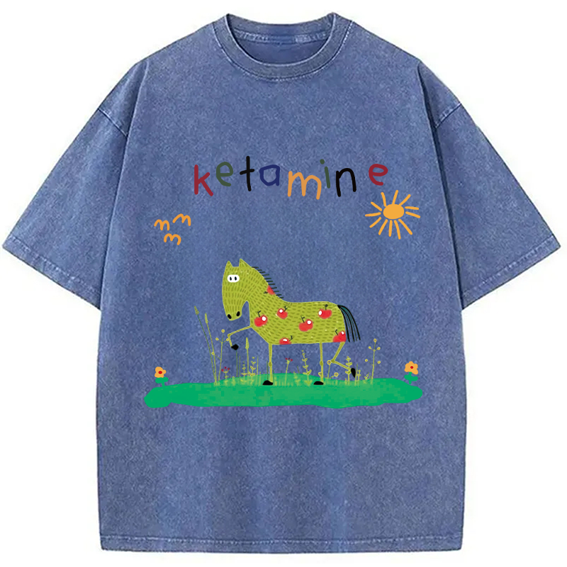 Modecanvas Funny Ketamine Horse DTG Printing Washed T-Shirt
