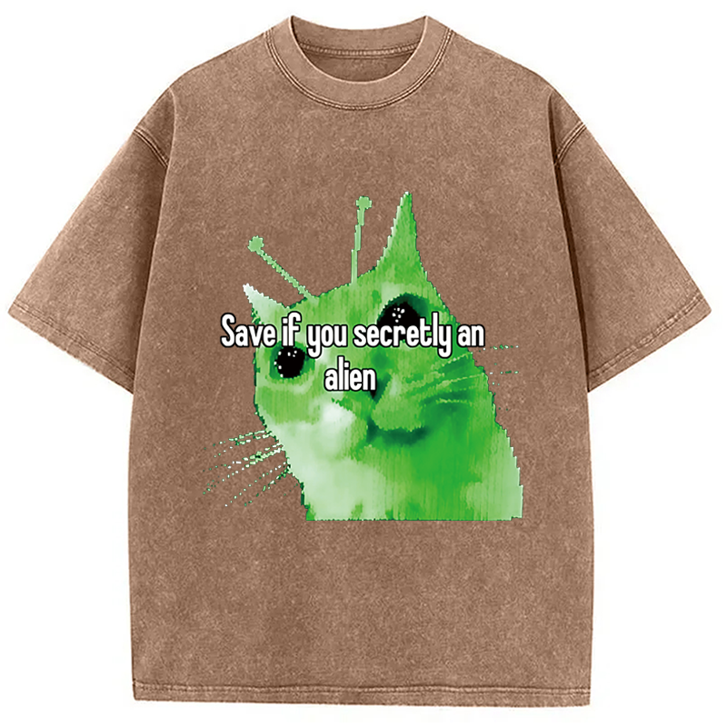Modecanvas Alien Cat Meme Funny DTG Printing Washed T-Shirt