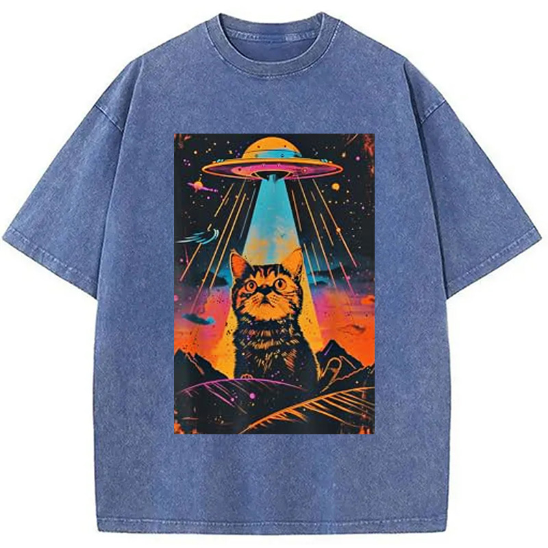 Modecanvas Catzilla Vintage Funny Cute Cat Washed T-Shirt-modecanvas