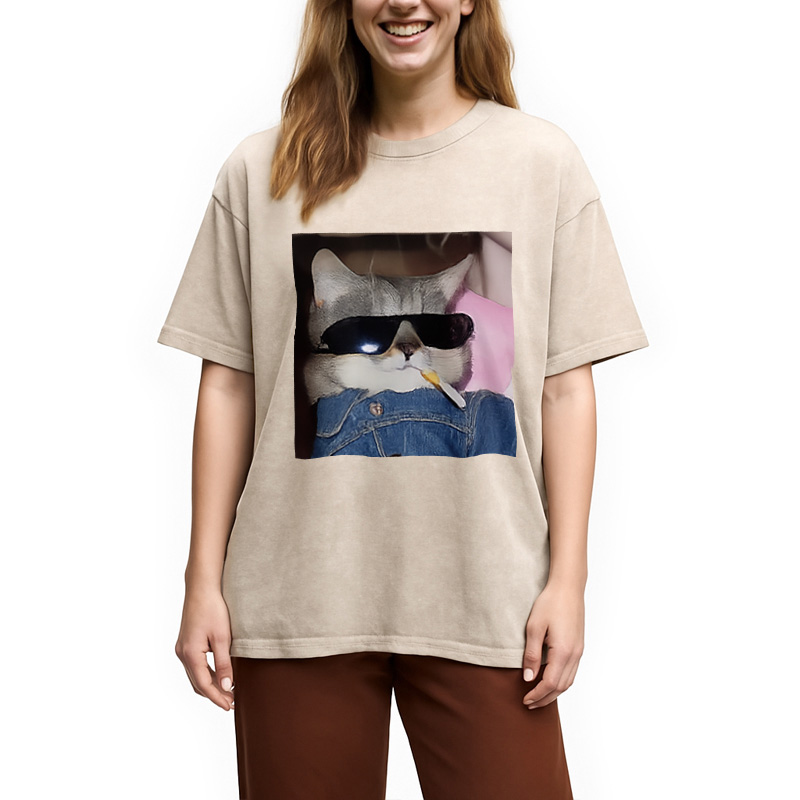 Modecanvas Funny Smoking Cat Meme Washed T-Shirt