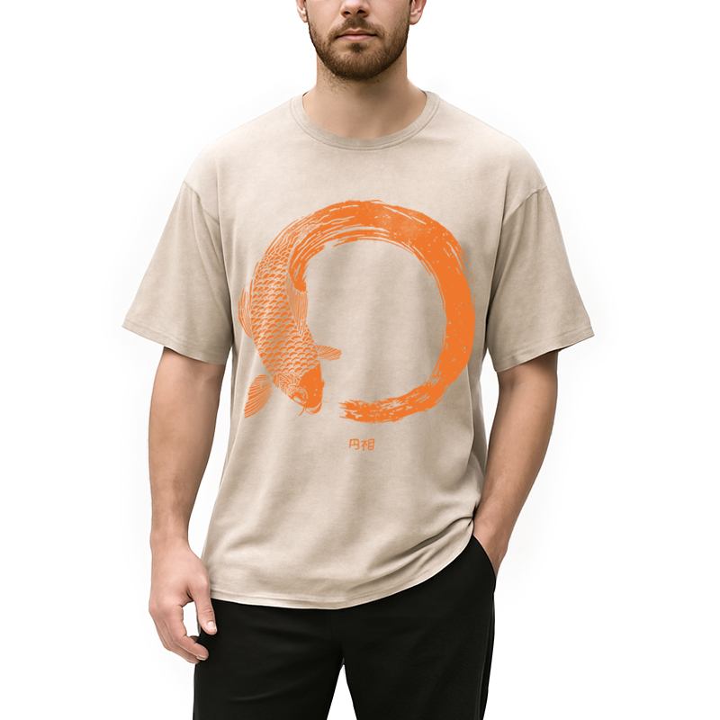 Modecanvas Orange Koi Fish Circle DTG Printing Washed T-Shirt