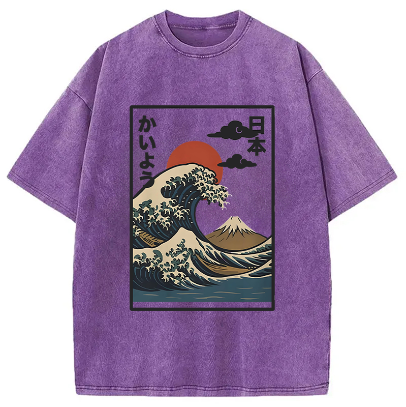 Modecanvas Ocean Wave Sun Japan Washed T-Shirt