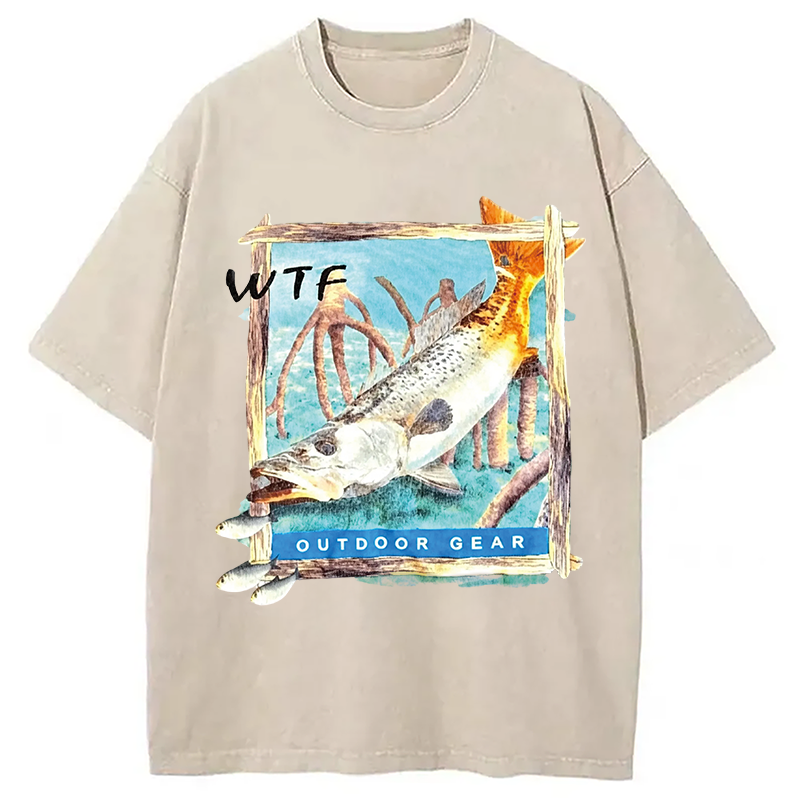 Modecanvas Funny WTF Fishing Fish DTG Printing Washed T-Shirt
