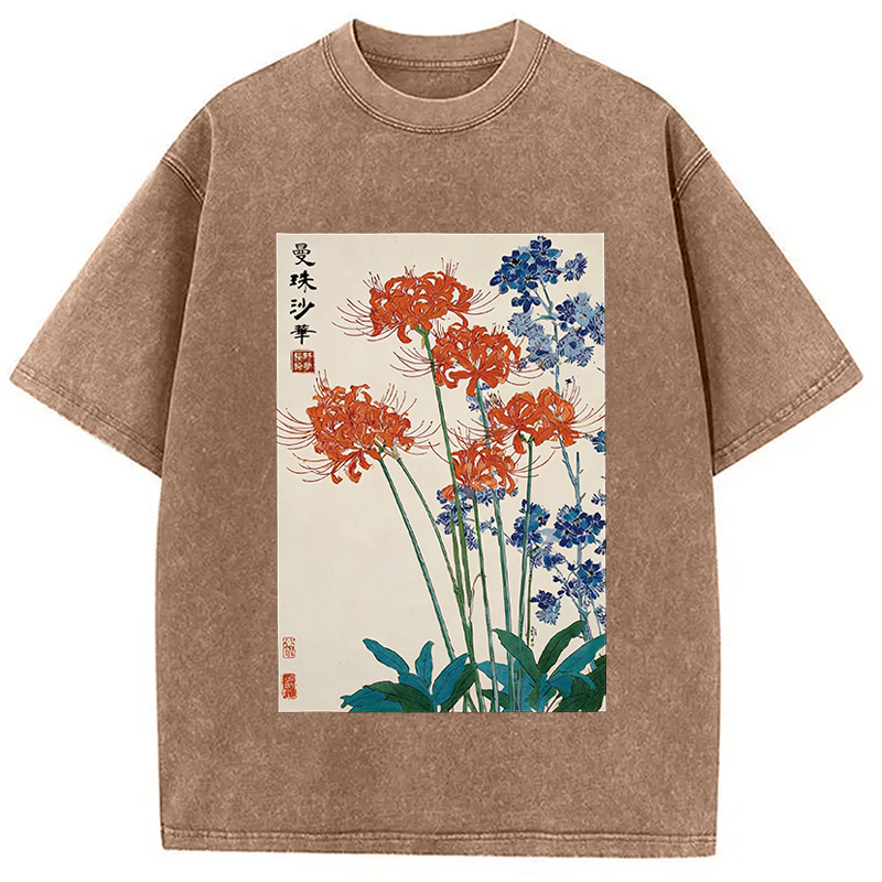 Modecanvas Red Spider Lily Bloom DTG Printing Washed T-Shirt