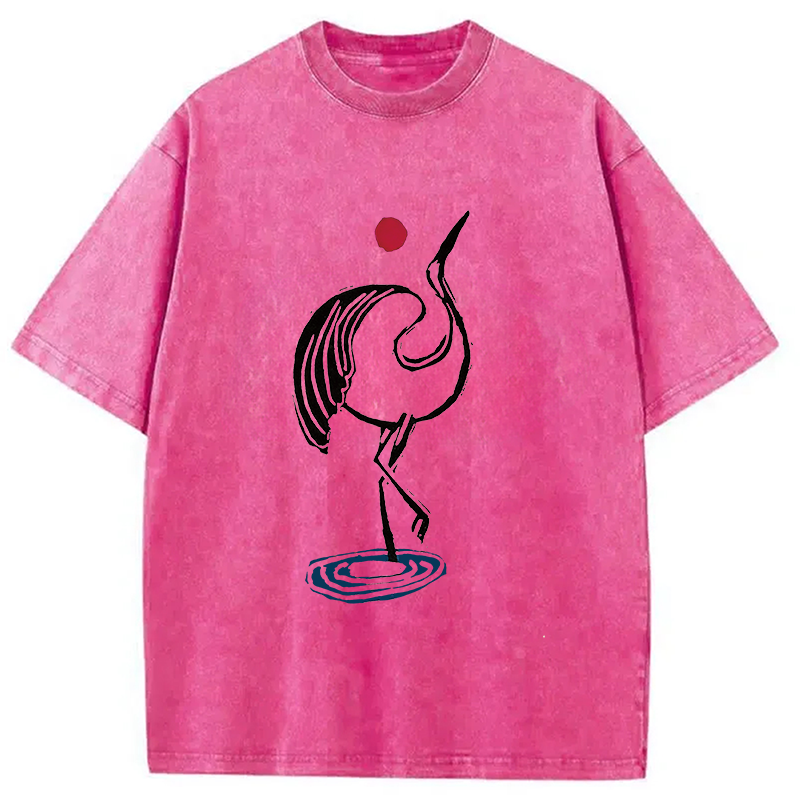 Modecanvas Japanese Crane Linocut DTG Printing Washed T-Shirt-modecanvas