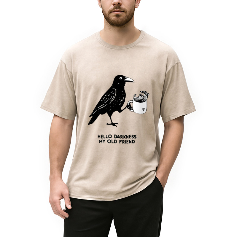 Modecanvas Crow Drinking Black Coffee Funny Washed T-Shirt