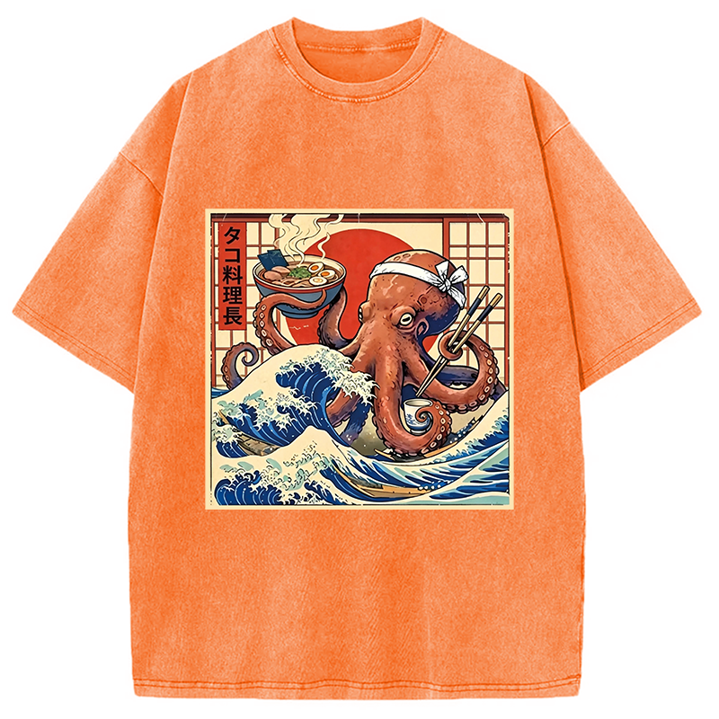 Modecanvas Ukiyo-E Octopus Ramen DTG Printing Washed T-Shirt
