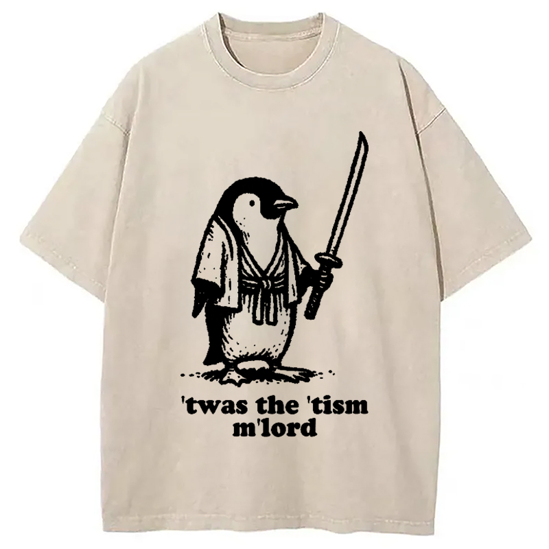 Modecanvas Focused Penguin Samurai Washed T-Shirt-modecanvas