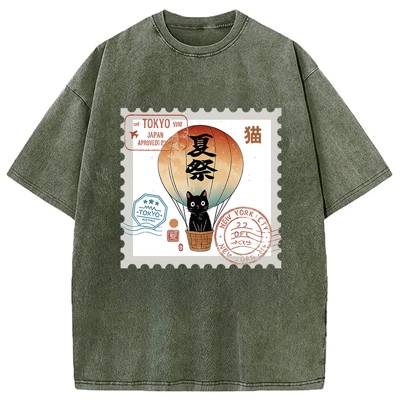 Modecanvas Japanese Cat Stamp Washed T-Shirt