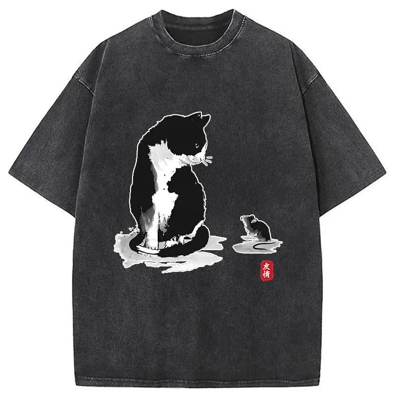 Modecanvas Cat And Mouse Friendship Washed T-Shirt