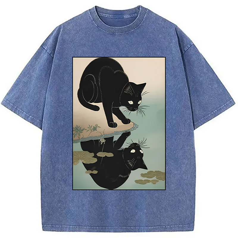 Modecanvas Cat Drinking River Water Washed T-Shirt