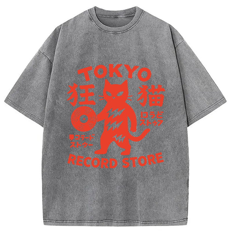 Modecanvas Tokyo Record Store Cat DTG Printing Washed T-Shirt