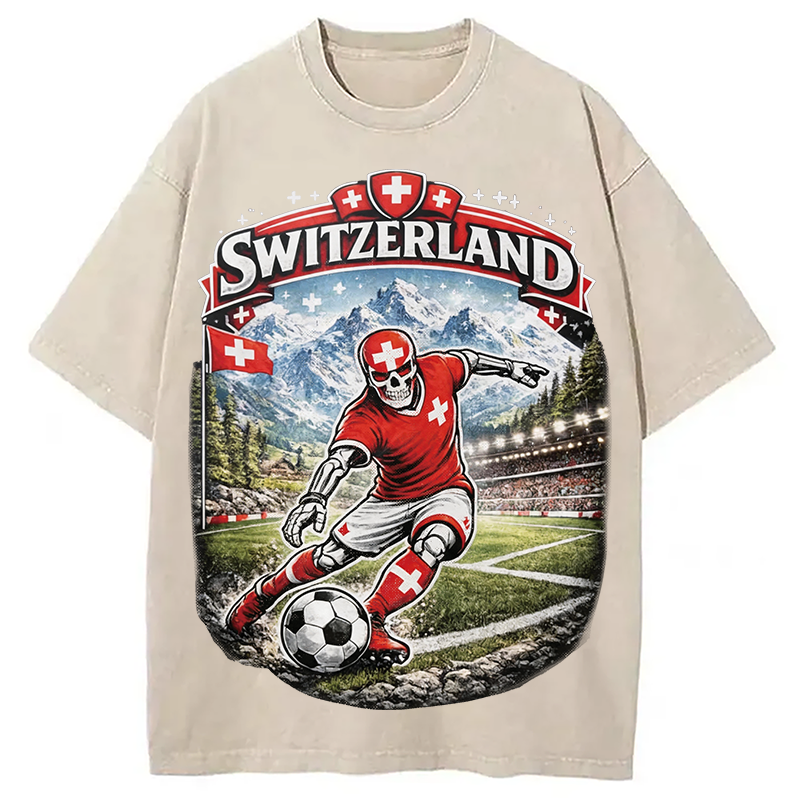 Modecanvas Switzerland Soccer Skull DTG Printing Washed T-Shirt