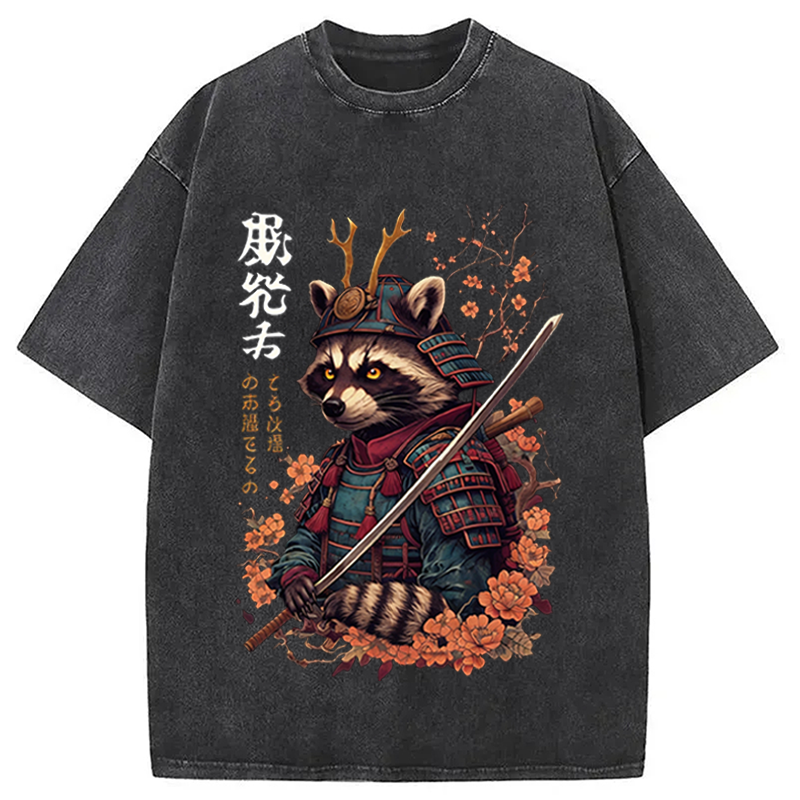 Modecanvas Japanese Raccoon Art DTG Printing Washed T-Shirt-modecanvas