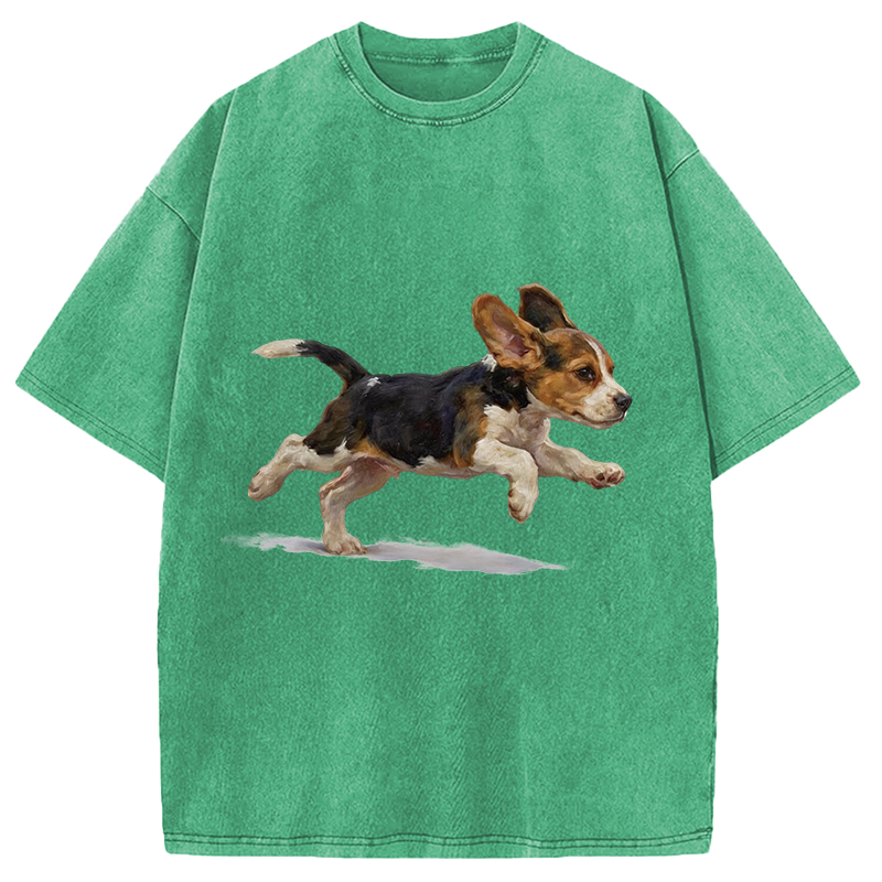 Modecanvas Funny Cute Running Beagle Puppy DTG Printing Washed T-Shirt