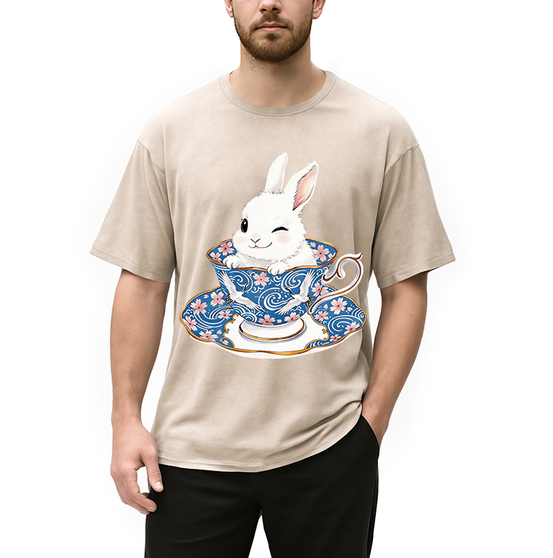 Modecanvas Cute Rabbit Tea Set DTG Printing Washed T-Shirt