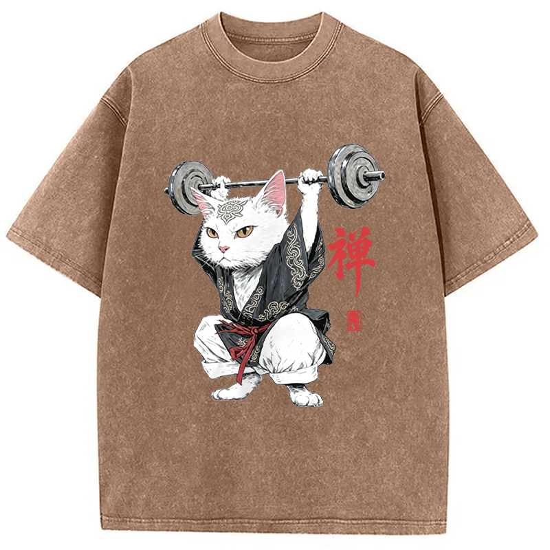 Modecanvas Zen Samurai Cat Weightlifter DTG Printing Washed T-Shirt