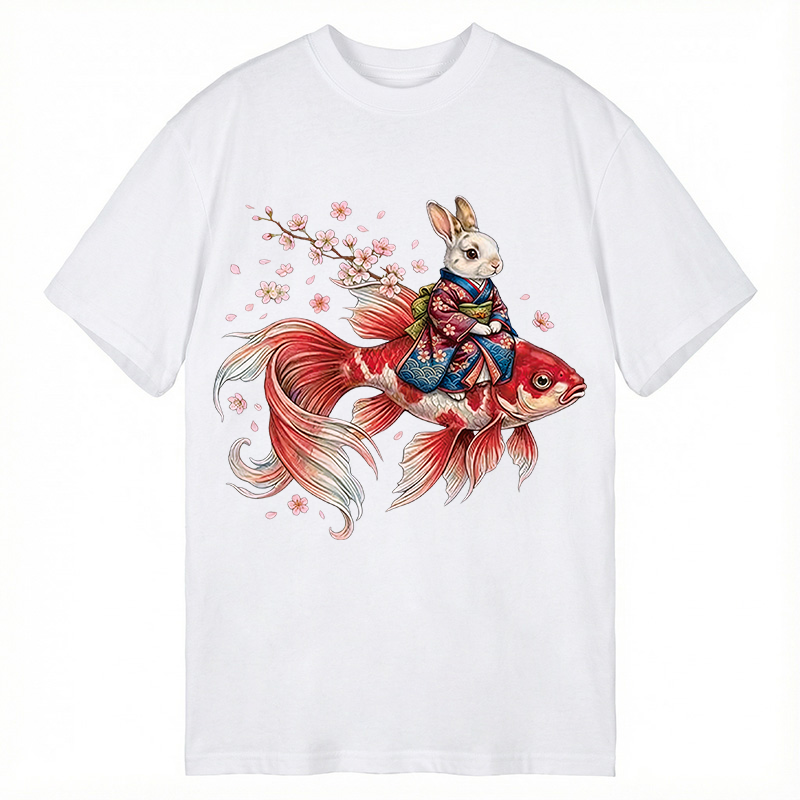 Modecanvas Japanese Style Rabbit And Koi Fish DTG Printing Classic T-Shirt-modecanvas