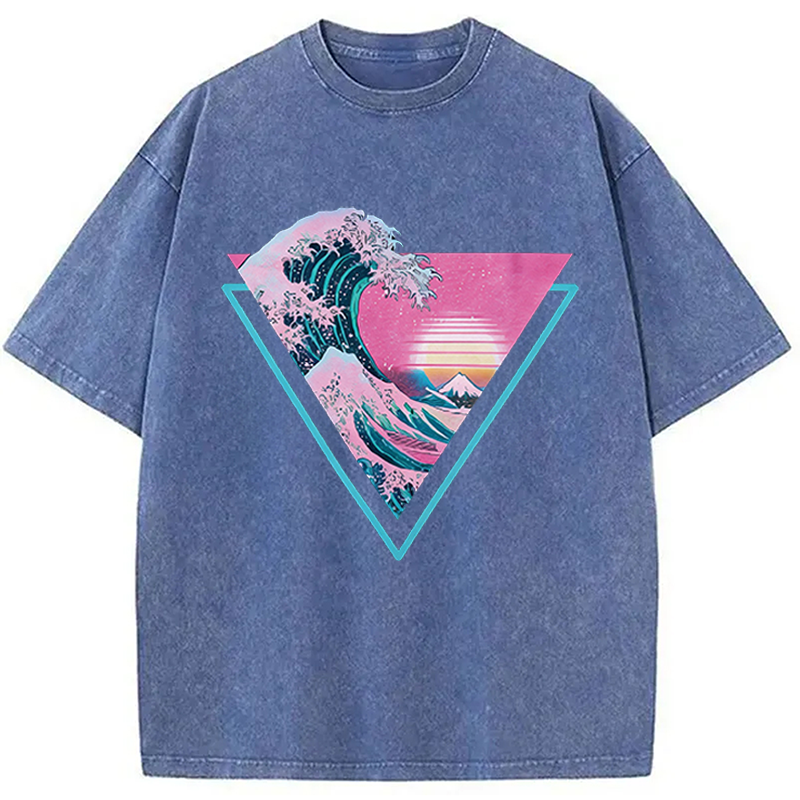 Modecanvas Great Wave Retro Triangle DTG Printing Washed T-Shirt