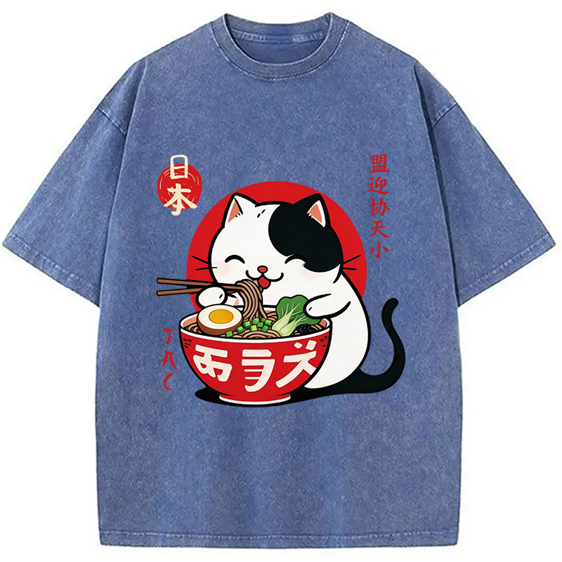 Modecanvas Japanese Ramen Cat DTG Printing Washed T-Shirt