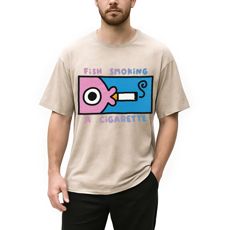 Modecanvas Fish Smoking A Cigarette DTG Printing Washed T-Shirt