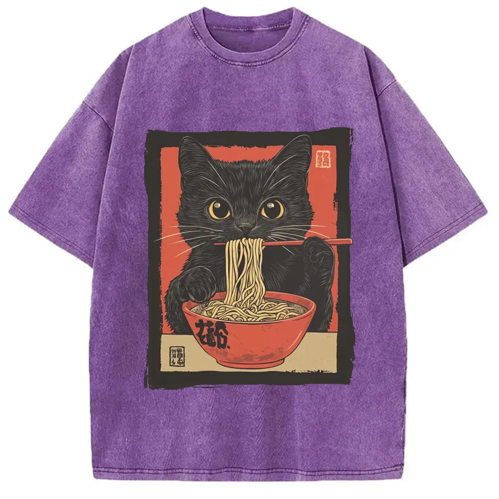 Modecanvas Kawaii Japanese Ramen Cat Vintage Washed T-Shirt