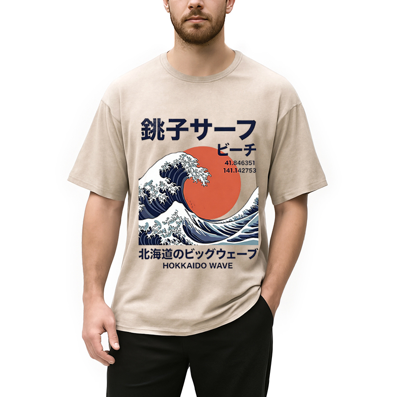 Modecanvas Hokkaido Wave Poster DTG Printing Washed T-Shirt