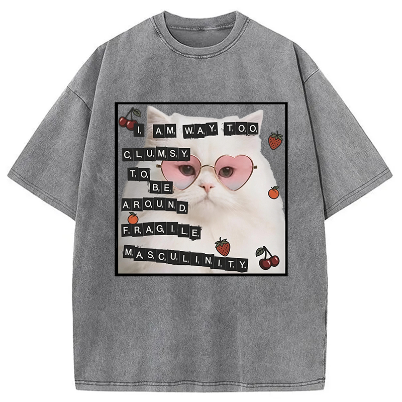 Modecanvas Funny Cat Fragile Masculinity DTG Printing Washed T-Shirt