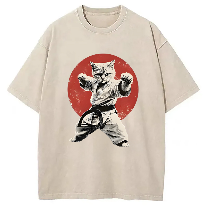 Modecanvas Japanese Karate Cat Washed T-Shirt-modecanvas