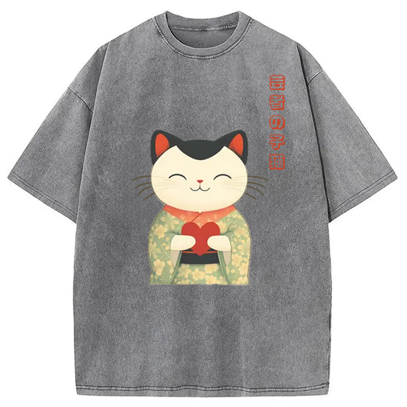Modecanvas Japanese Maneki Geisha Kitty Washed T-Shirt
