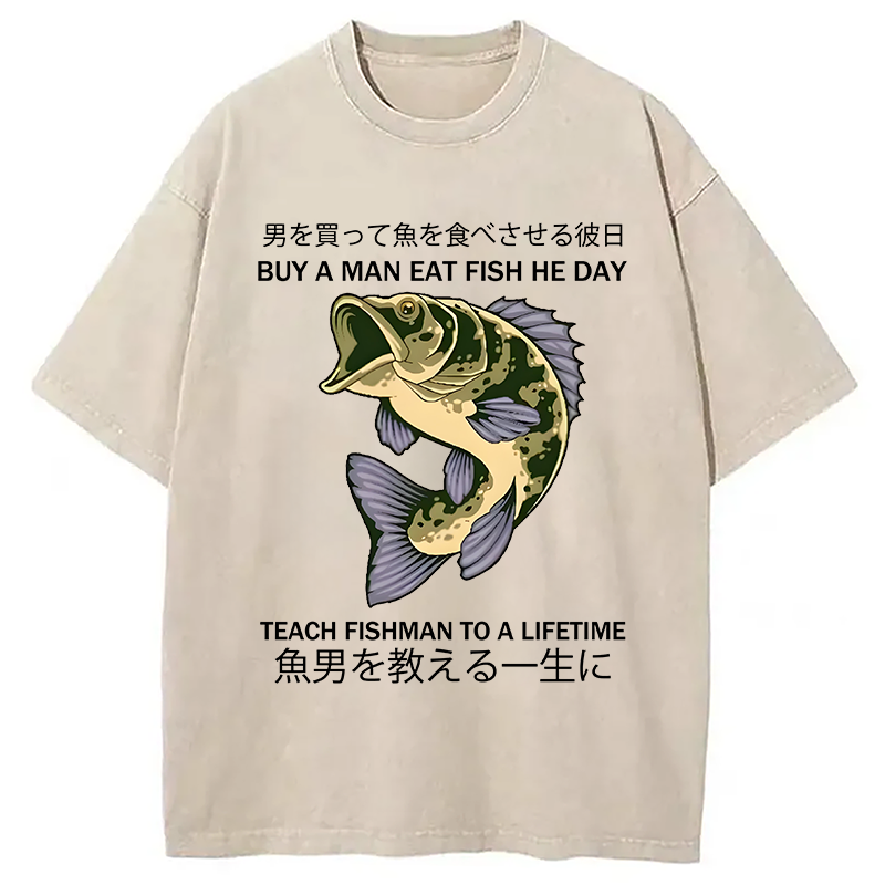 Modecanvas Teach A Man To Fish Washed T-Shirt-modecanvas