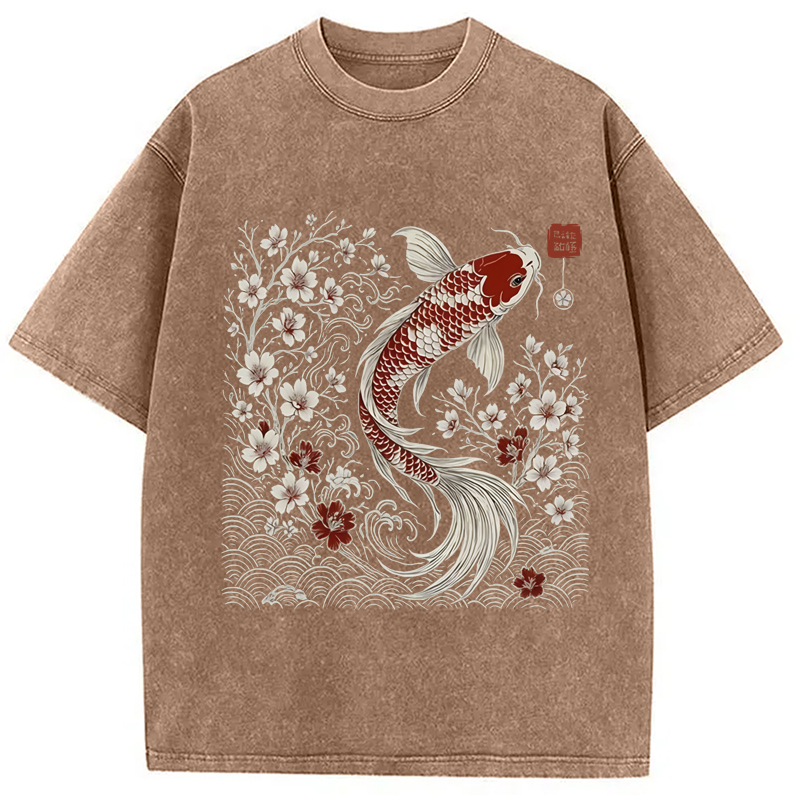 Modecanvas Vintage Sakura And Koi Washed T-Shirt-modecanvas