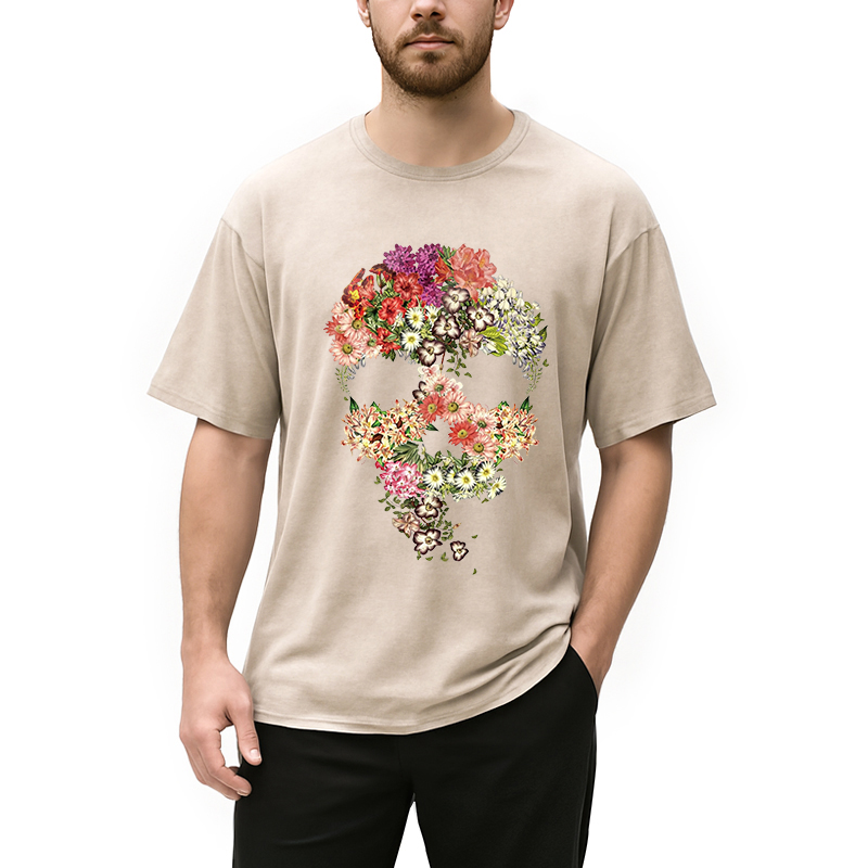 Modecanvas Skull Floral DTG Printing Washed T-Shirt