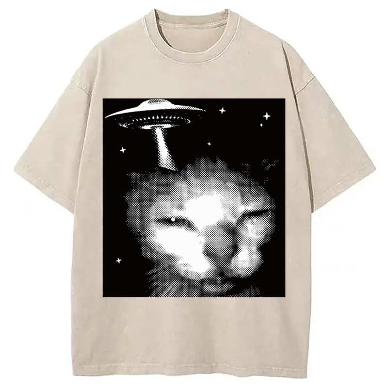 Modecanvas Alien Cat Meme UFO Vintage DTG Printing Washed T-Shirt